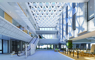 The atrium is at the heart of the campus, connecting the International Tower and the Garden Wing. 