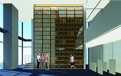 A quiet space where students can come to focus on their studies. Visitors are welcomed by a grand wall of books, symbolizing the succession of knowledge.
