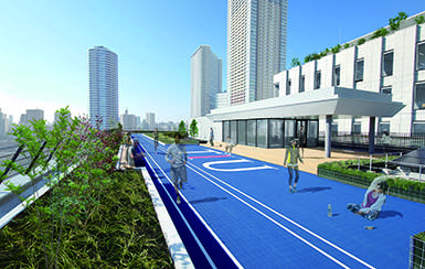 A rooftop running course that overlooks the campus park. This area also features a training gym and fitness studio.