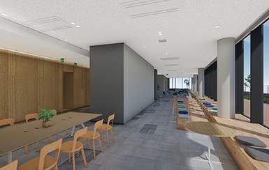 A lounge where students can relax, study and interact with others while enjoying a panoramic view of the city.