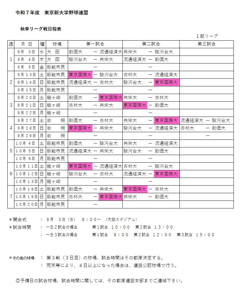 2025年東京新大学連盟秋季リーグ戦日程表